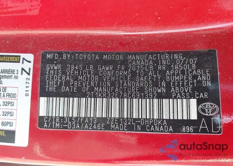 2008 Toyota Matrix Xr from USA, damaged, VIN 2T1KR32E78C691392